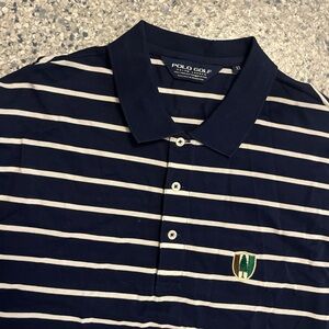 Navy and white striped Polo Golf Ralph Lauren short sleeve polo shirt